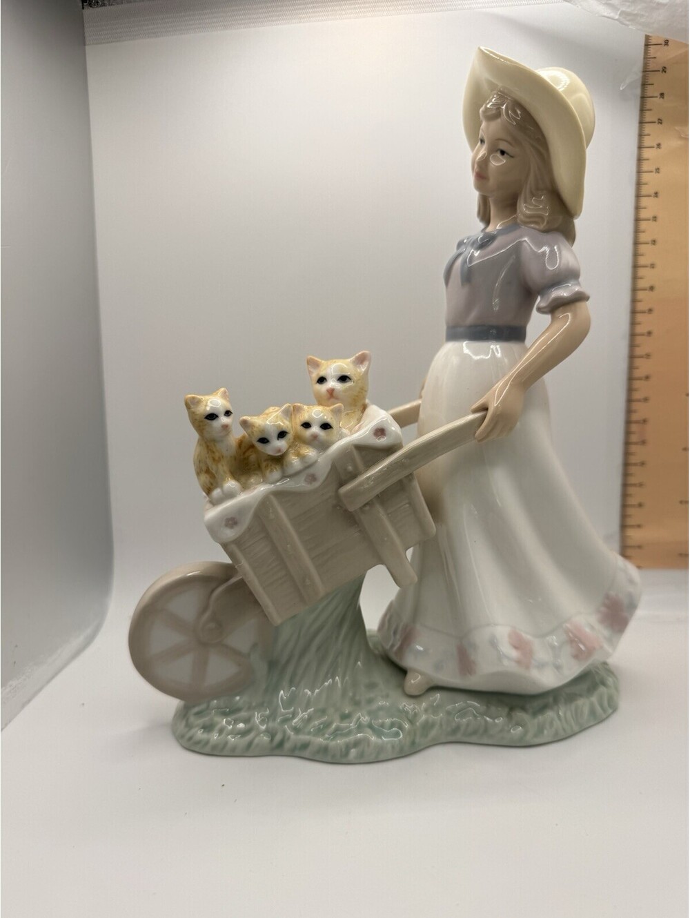 Porcelain Young Woman Girl Wheel Barrel of Kittens Cats 9”H Figurine